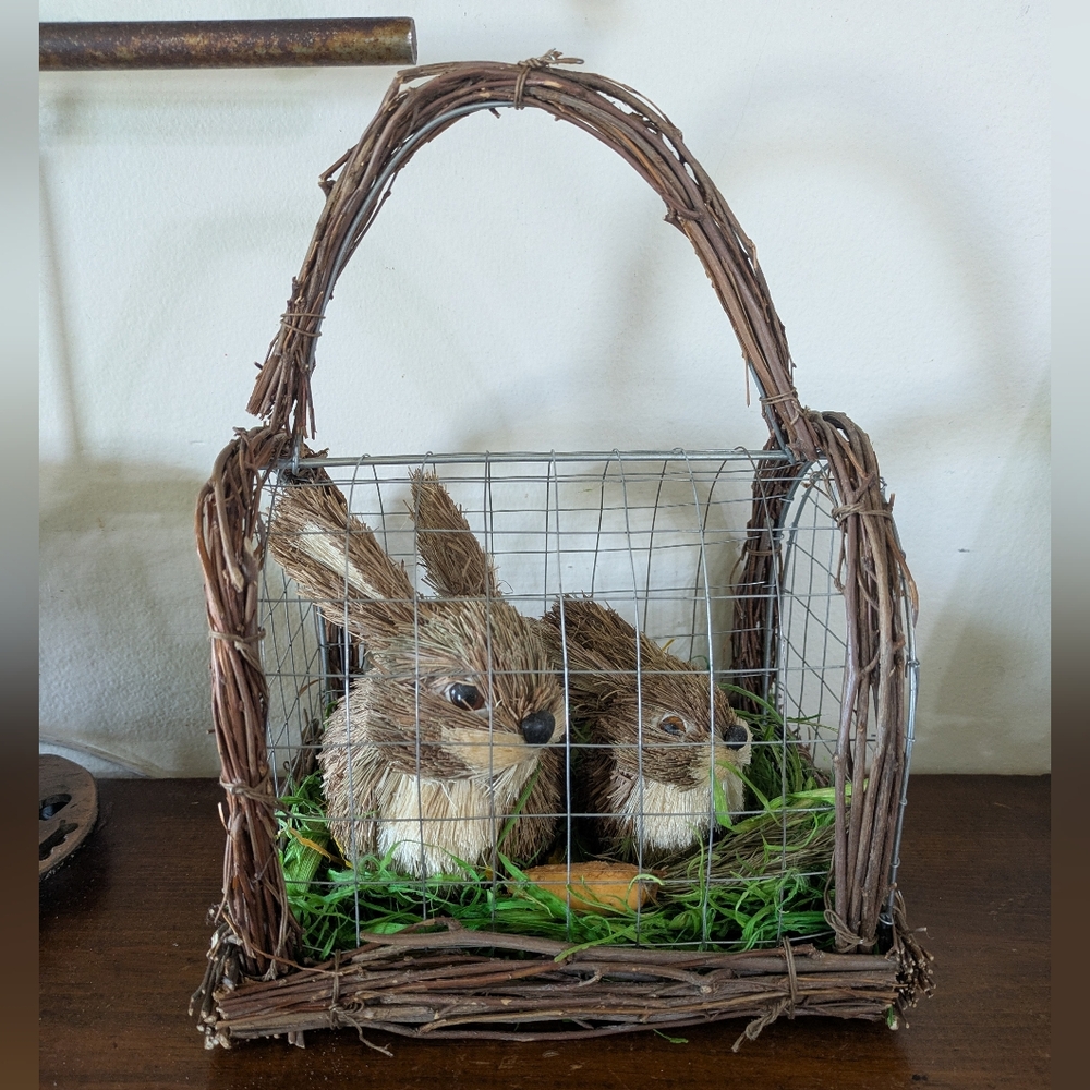 Rustic Sisal Easter Bunnies in Woven Twig & Wire Cage Decor Farmhouse Country
